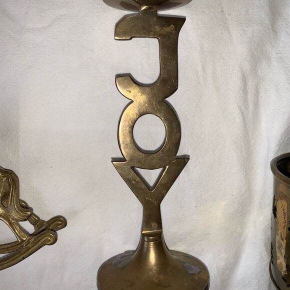 Triptych Brass Candle Holder Set - Joy Design, Rocking Horse, Voltive Pine Trees - Picture 10 of 13